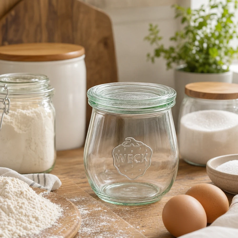 220 ml:n tulppaanipullo lasikannella, WECK RR60 WECK tulppaanipurkki 220ml RR60 tyhjä modernissa keittiössä, jossa ruoanlaittoaineet munat jauhot ja puiset keittiötarvikkeet.