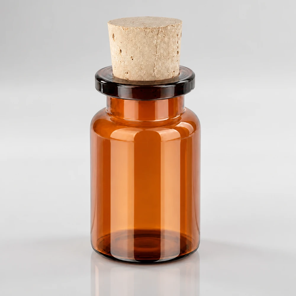 Robuste Braunglasflasche 5ml mit zylindrischem Korpus und eingestecktem Korken