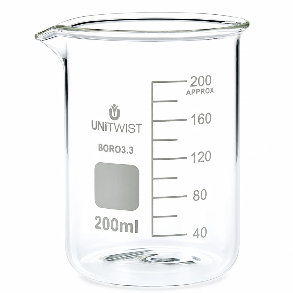 UNiTWISTin matala 200 ml:n borosilikaattilasipullo, jossa on millilitra-asteikko