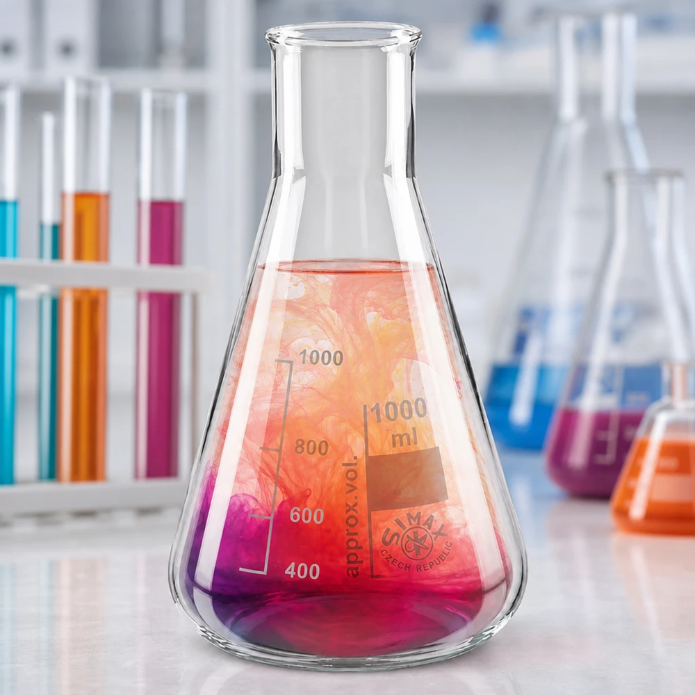 Laadukas 100ml Erlenmeyer-pullo, jossa on leveä kaula ja värillisiä liuoksia kemiallisiin kokeisiin.