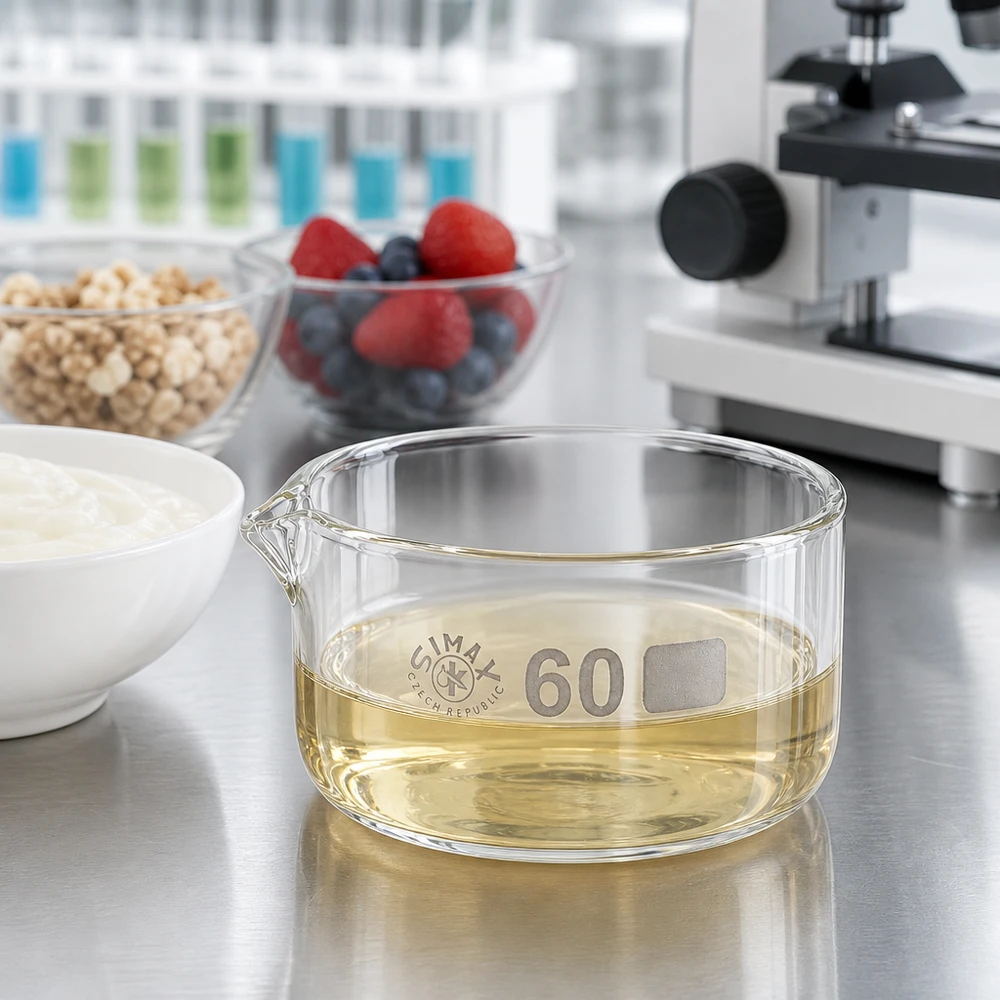 60ml kiteytysastia, jossa on borosilikaattikannu ø60mm Kiteytysastia 60 ml elintarvikkeiden analysointi laboratorio jogurtti marjat mysli ruokaöljy borosilikaattilasi