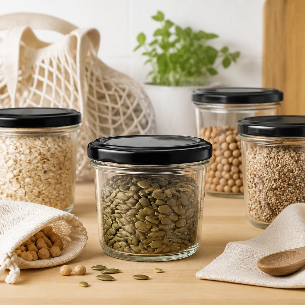 230 ml:n juomapullot, joissa on BasicSeal-kansi musta UNiTWIST 230ml Sturzglas mit grünen Linsen in stylischer Küchenszene zeigt moderne Aufbewahrung für Hülsenfrüchte und Vorräte