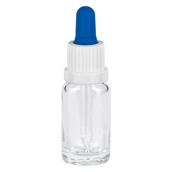 10ml pipettipullo valkoinen/sininen sulkeminen väärentämisen estävällä sulkimella ClearLine UT18/10. 10 ml:n pipettipullo kirkkaasta lasista, valkoisella kierrekorkilla ja sinisellä kumipallolla