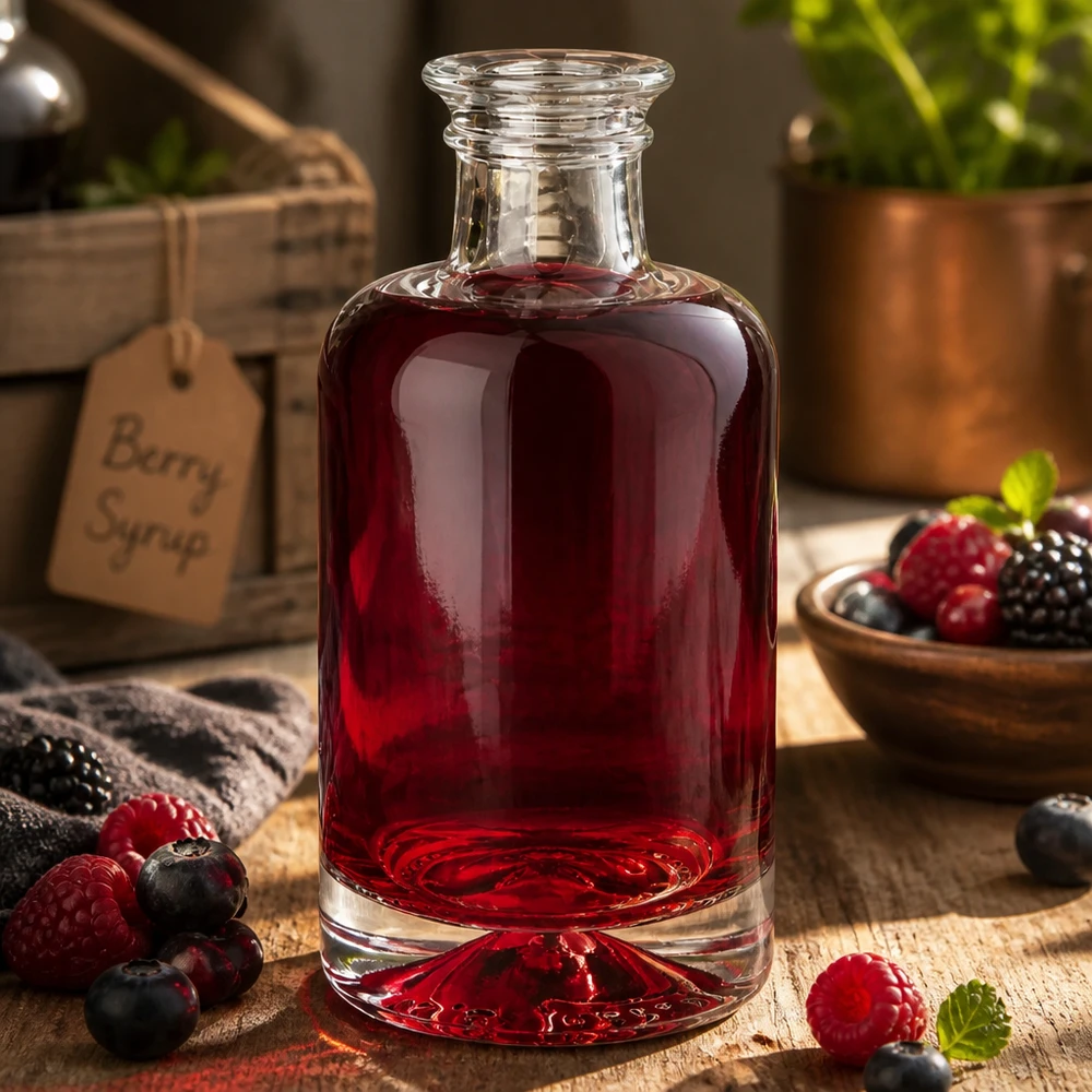 100ml Sofia-lasipullo täynnä punaista marjamehua, jota ympäröivät tuoreet marjat maalaismaisella puisella taustalla.