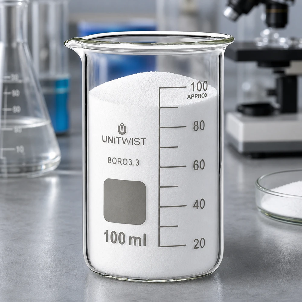 100ml borosilikaattilasi, korkea muoto UNiTWIST. UNITWIST-lasimuki, 100 ml, korkea malli, borosilikaattia, täytetty valkoisella jauheella laboratoriossa