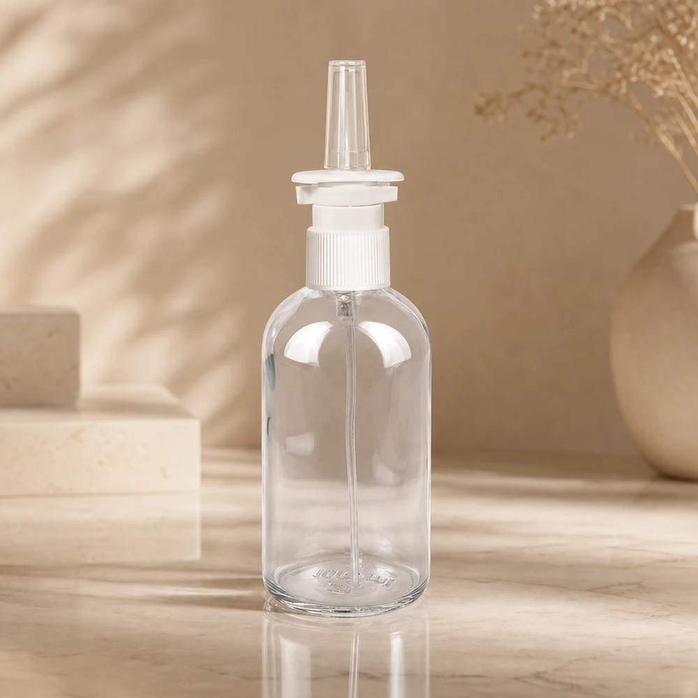 Kirkas 100 ml:n ClearLine-lasipullo, jossa on valkoinen nenäsumutin, marmoripohjalla