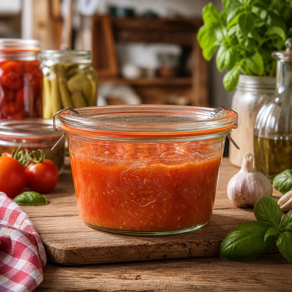 370 ml:n tumppupurkki täydellinen WECK RR100 WECK RR100 -mukit 370ml maalaismaisessa keittiössä täynnä tomaattikastiketta osoittaa käytännön käyttöä säilyttämiseen.