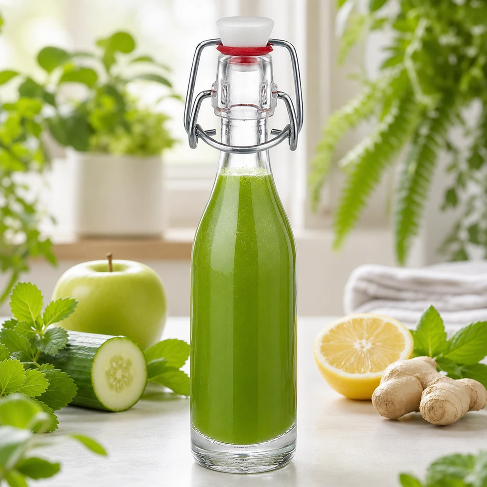 50ml UNiTWIST-lasipullo, joka on täytetty vihreällä smoothieella kurkun, omenan, inkiväärin ja sitruunan kera terveellisenä juomavaihtoehtona.