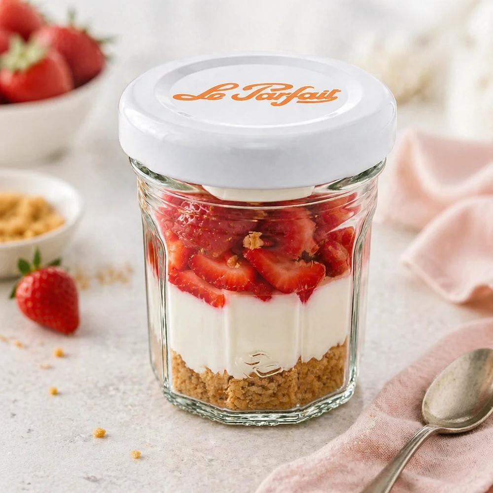 Le Parfait 44ml mini tumblers jälkiruokalasiksi mansikoilla, kermalla ja keksipohjalla - monipuolinen käyttömahdollisuus