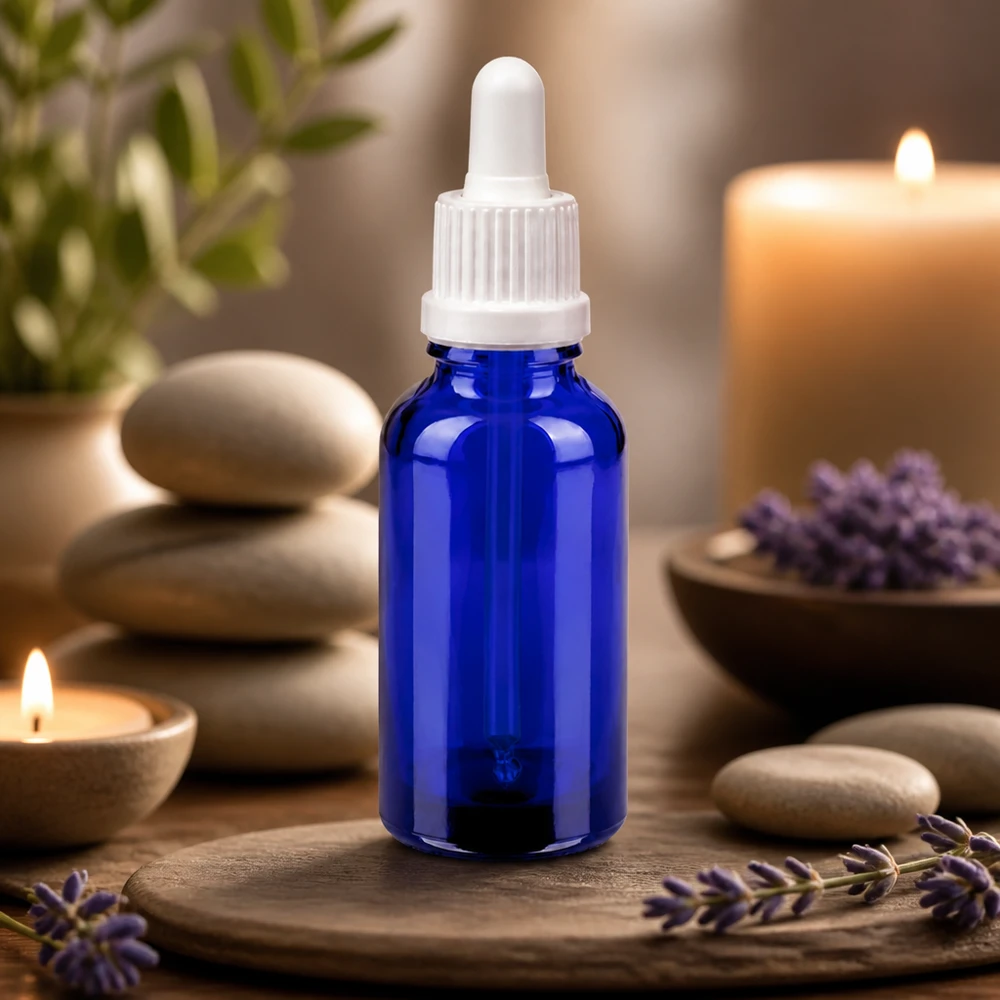 30ml pipettipullo valkoinen OV BlueLine UT18/30 korkealaatuisesta lasista valmistettu pipettipullo aromaterapiaan ja kosmetiikkaan.