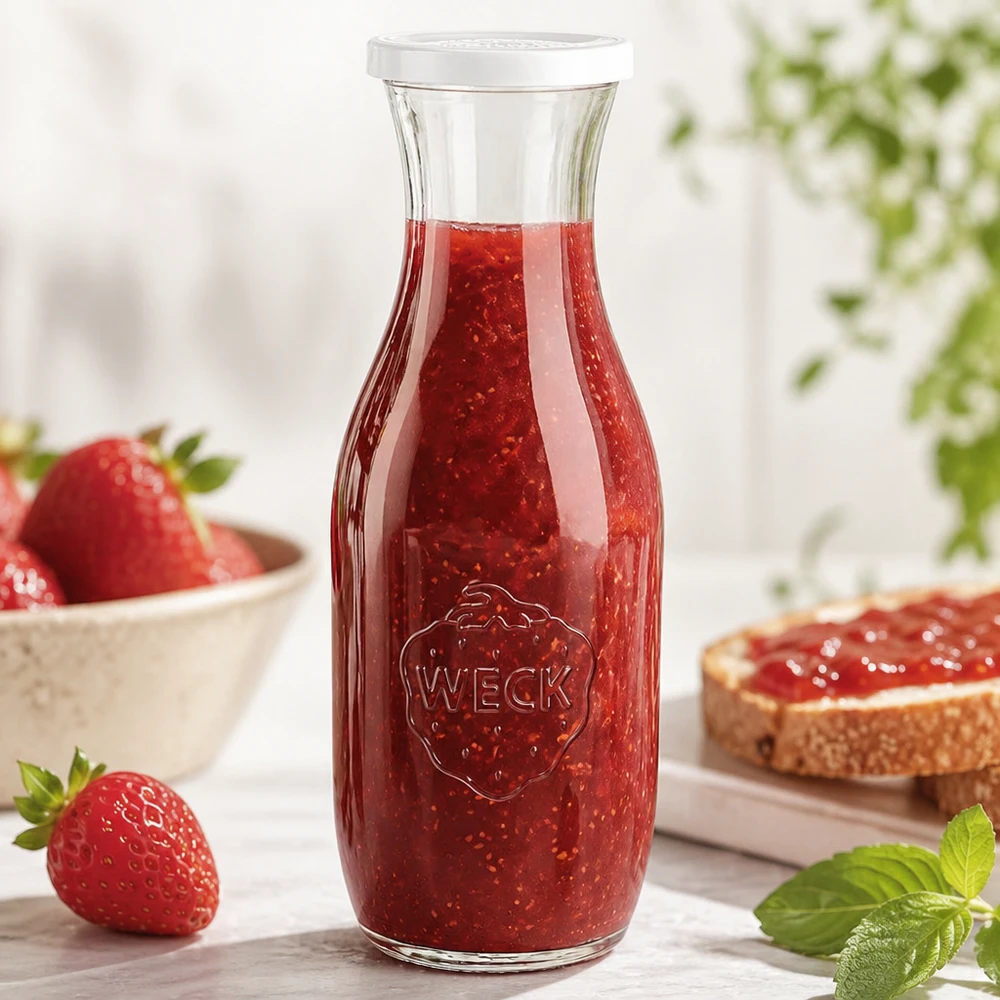 1062 ml:n mehupullo, jossa on tuoreuskansi, WECK RR60 WECK lasipullo 1062ml täynnä mansikkahilloa tuoreiden mansikoiden ja levitteisen leivän vieressä.