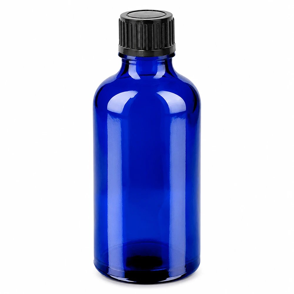 50ml sininen lasipullo mustalla korkilla eteerisille öljyille ja kosmetiikalle.
