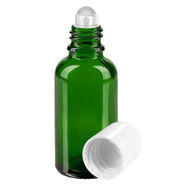 Apteekkipullo vihreä 30ml roll-on korkki valkoinen Apteekkipullo vihreä 30ml roll-on korkki valkoinen