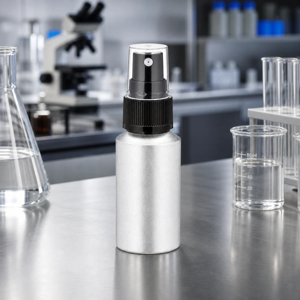 30ml petsattu alumiinipullo, jossa on sumutin 30ml alumiininen suihkepullo, jossa on mattapintainen pinta, ihanteellinen laboratorioihin ja kauneushoitoloihin.