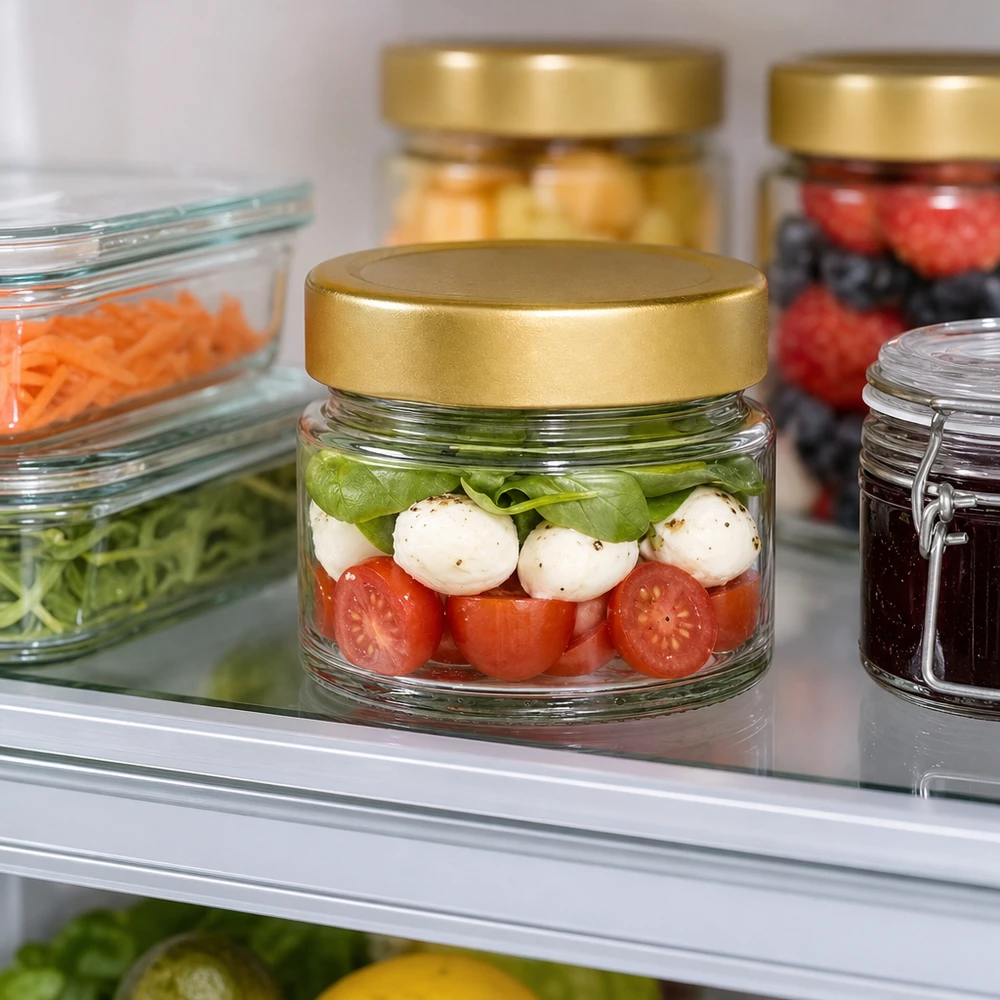 80ml pyöreä lasipurkki, jossa on BasicSeal-kansi kultainen syvä UNiTWIST Caprese-Salat im 80ml Rundglas mit goldenem Deckel im Kühlschrank - praktische Aufbewahrung für Meal Prep