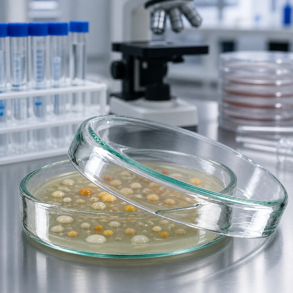 Laboratoriossa olevat avoimet lasiset petrimaljat (60 x 15 mm), joissa on bakteeriviljelmiä agarmaljalla