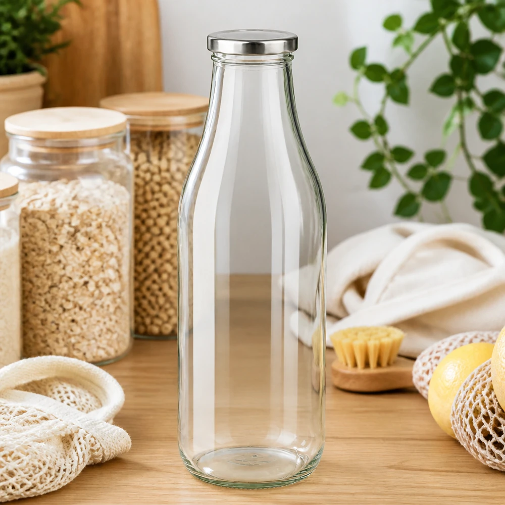 1000ml lasipullo + BasicSeal kansi hopea UNiTWIST 1000ml BasicSeal hopeinen lasipullo puupöydällä, jossa on kestäviä keittiötarvikkeita ja kasveja Zero waste -elämäntyyli.