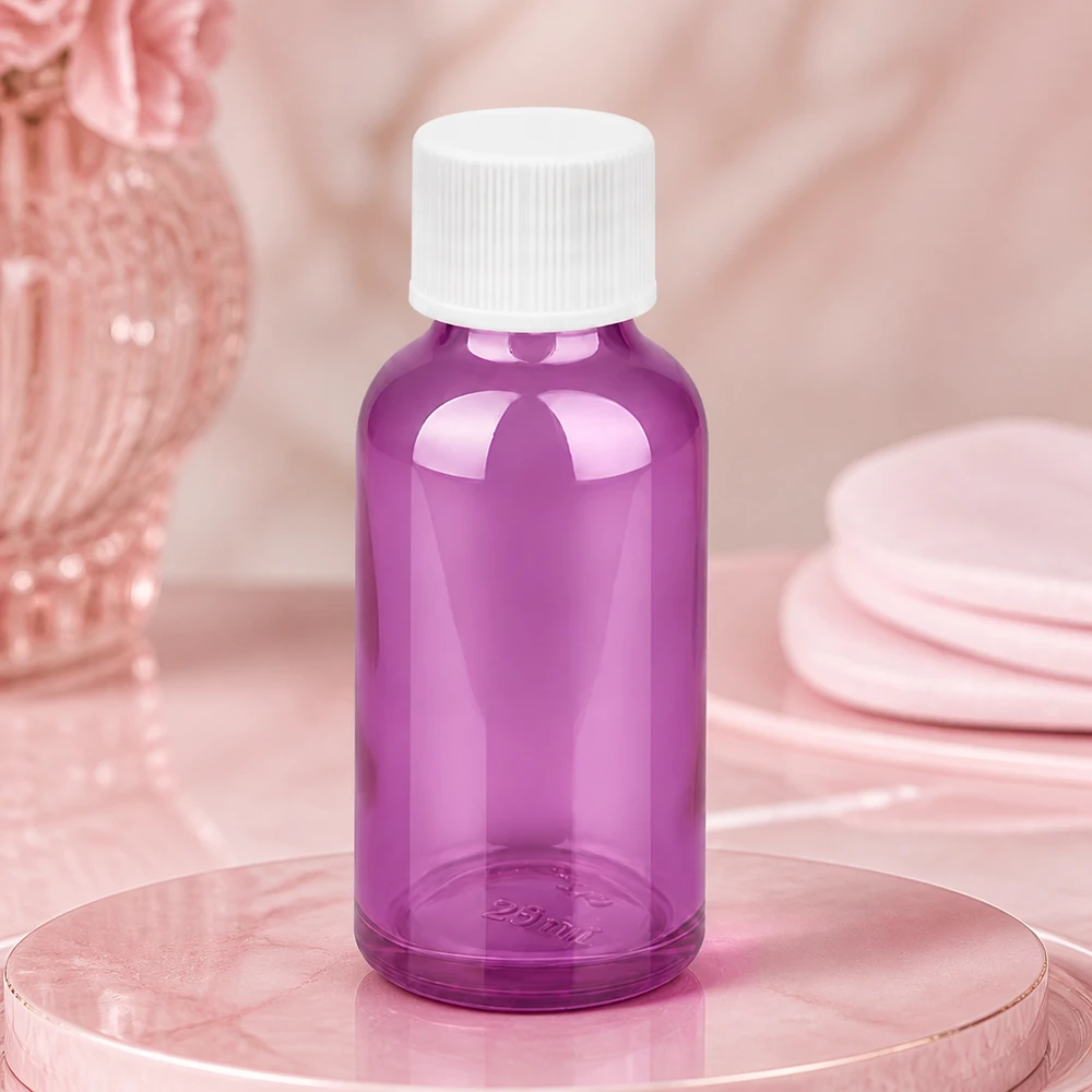 30ml pullo 11mm kierrekorkki valkoinen vakio PurpleLine UT18/30 Laadukas 30ml apteekkipullo violetista lasista, jossa on lapsiturvallinen valkoinen korkki.