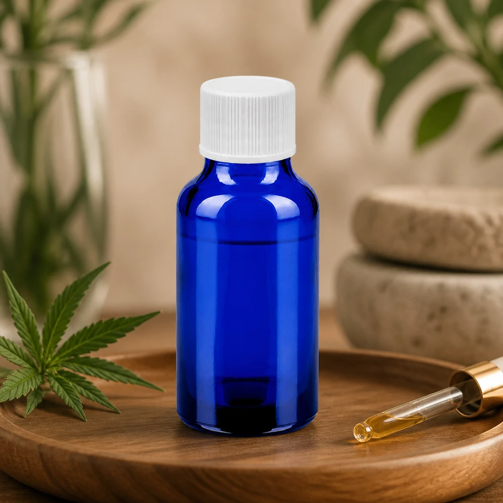 20ml BlueLine-lasipullo, jossa on 11 mm:n vakiokierre ja UV-suojaus valolle herkille aineille.