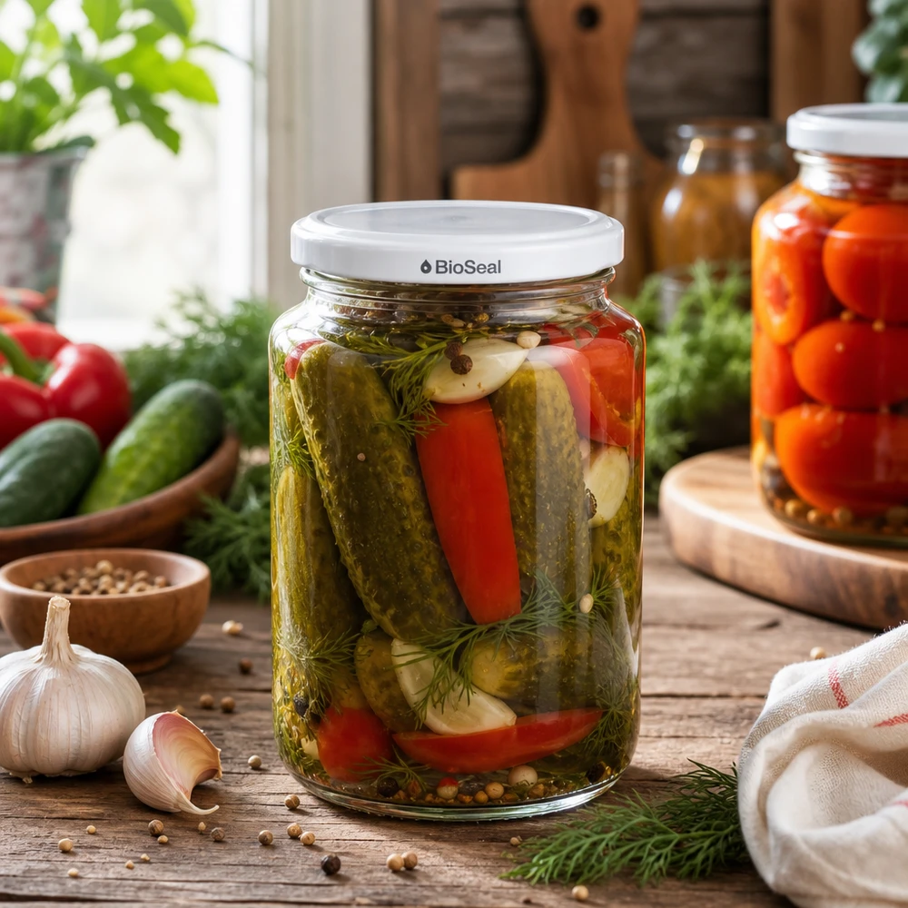 UNiTWIST Runda382 Einmachglas in rustikaler Küchenszene - Mixed Pickles mit Dill und Paprika in BioSeal Glas