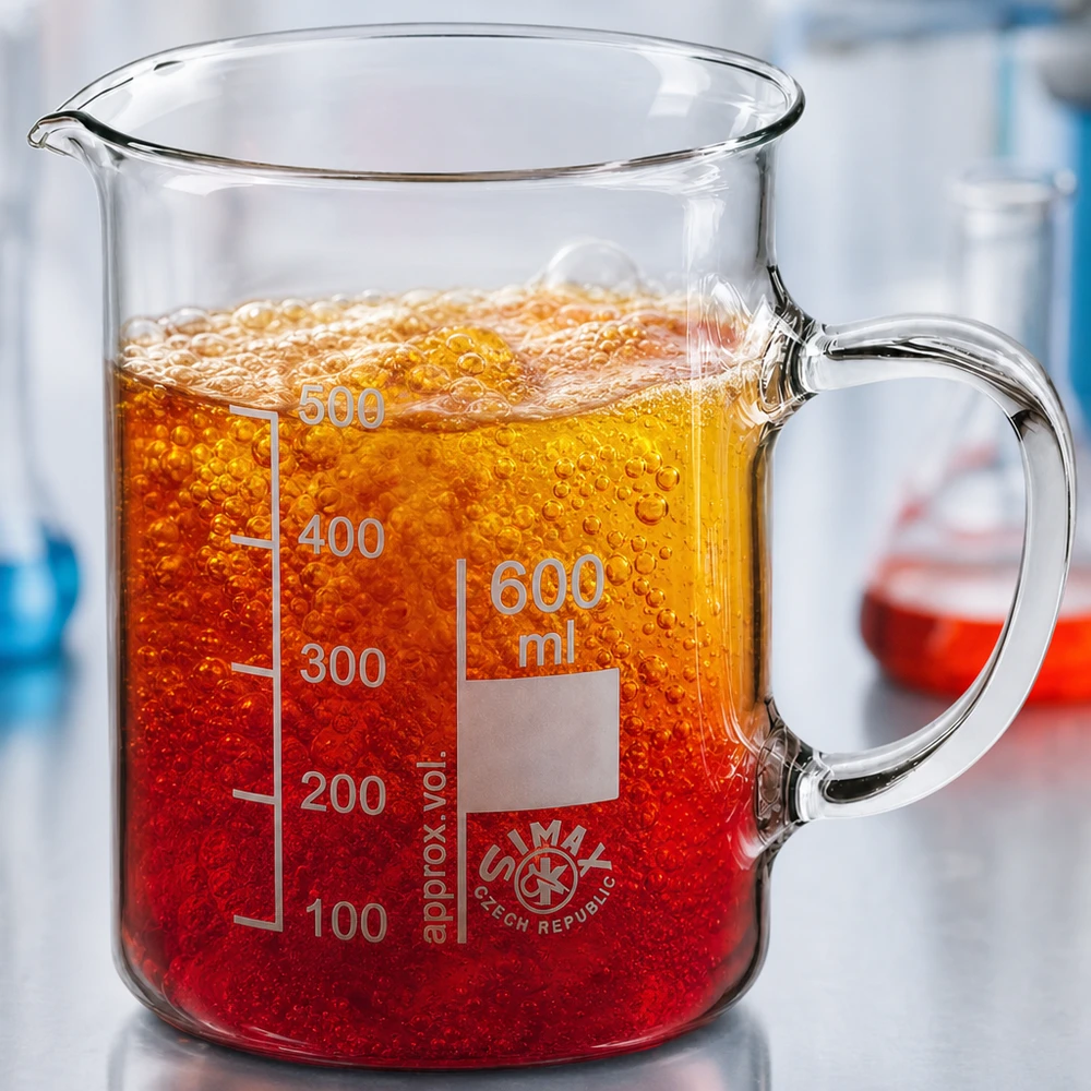 600 ml:n dekantterilasi, kahvallinen 600 ml:n kahvallinen koeputki, joka on täytetty puna-oranssilla vaahtoavalla nesteellä laboratoriossa