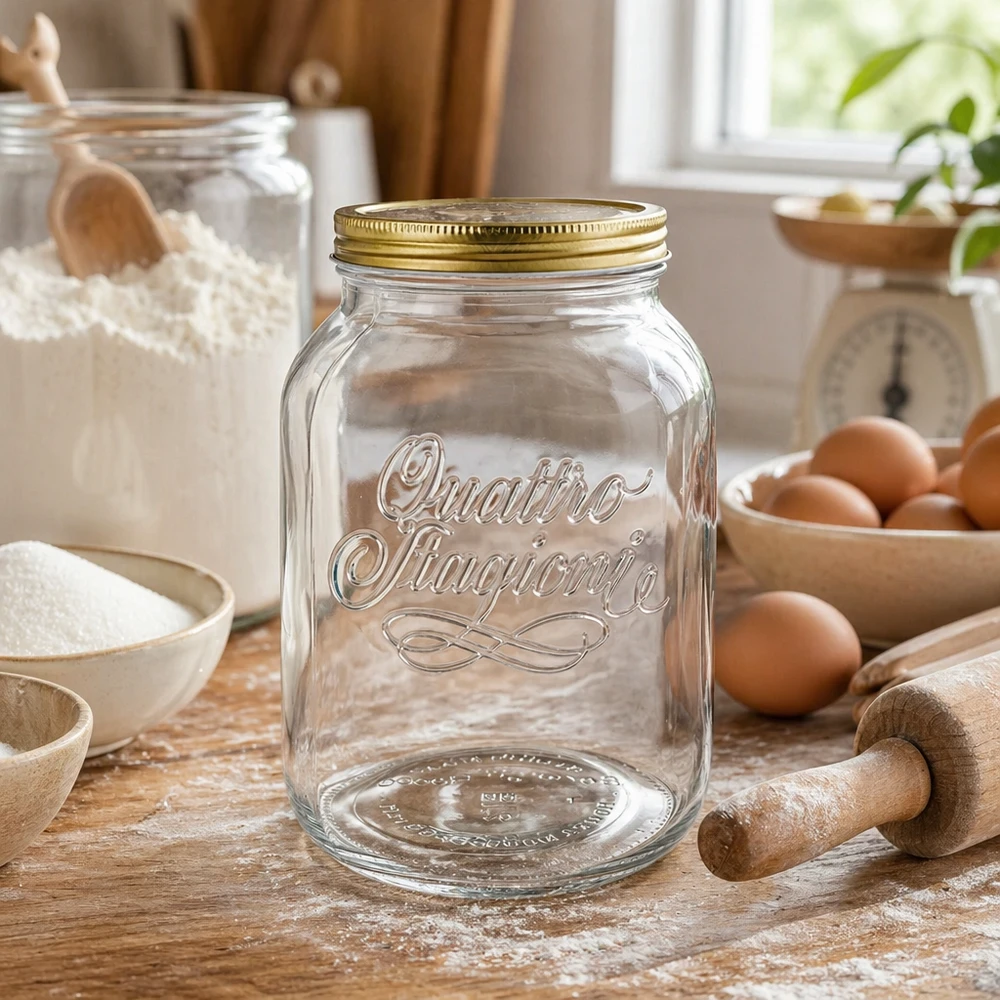 3000ml pyöreä purkki "Quattro Stagioni" kannella varustettuna Quattro Stagioni 3000ml lasipurkki keittiössä, jossa on leivonta-ainekset jauhot munat ja valssauspuikko säilytystä varten.