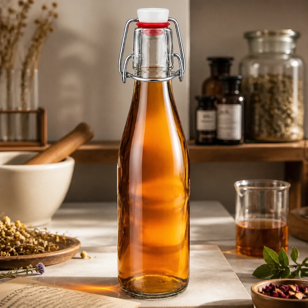 250ml lasipullo + keinuposliini UNiTWIST UNiTWIST 250 ml:n lasipullo, jossa on kääntyvä korkki ja joka on täytetty meripihkanvärisellä nesteellä mausteiden kanssa maalaismaisessa keittiössä.