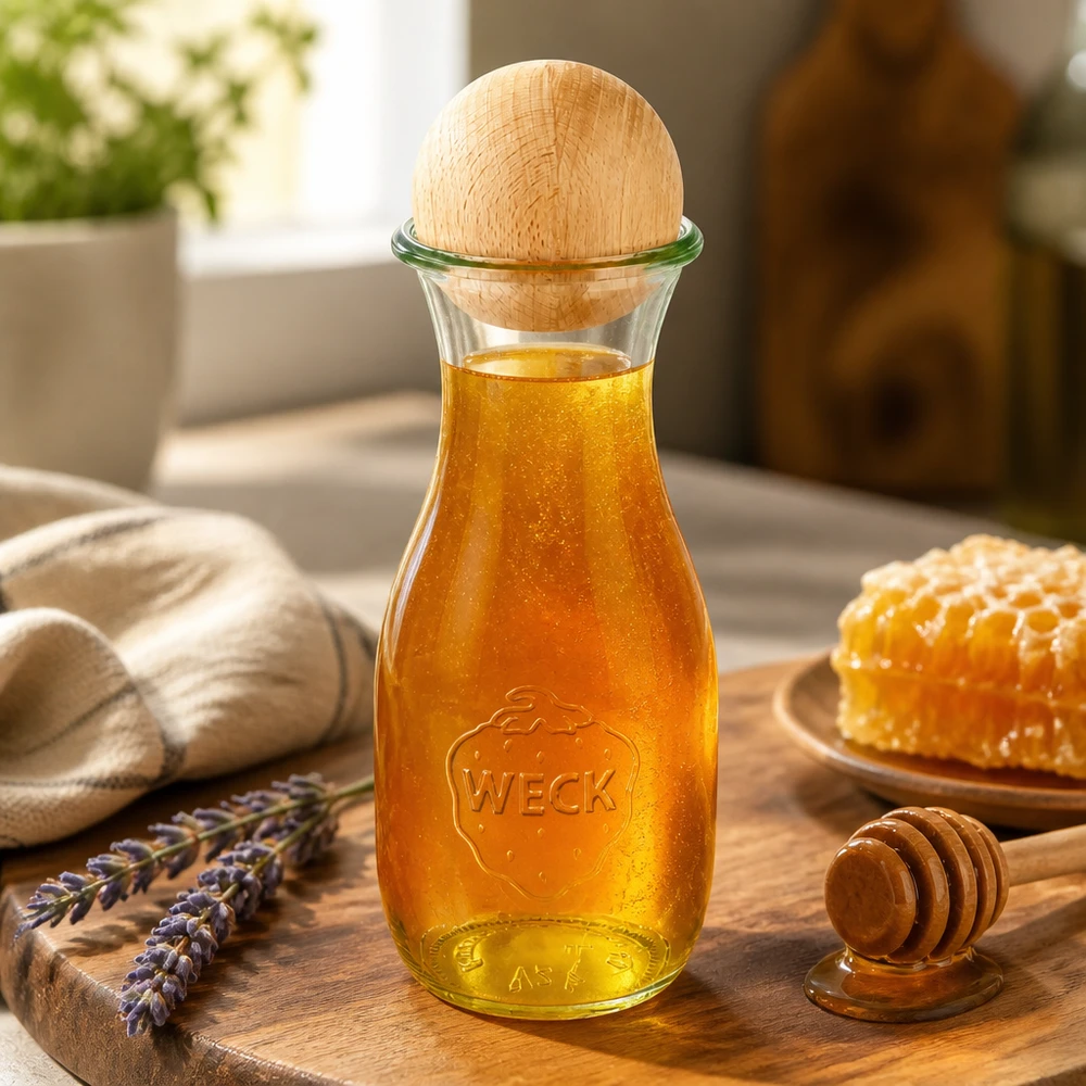 530ml mehupullo WECK RR60, jossa on puupallo pyökki 530ml WECK-lasipullo täynnä hunajaa ja pyökkipalloa puulautalla, joka on koristeltu hunajakennolla ja laventelilla.