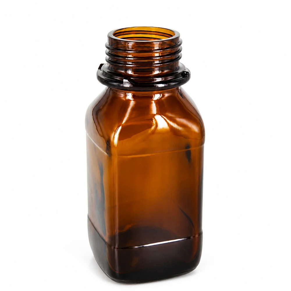 250ml kemikaalipullo 250ml kemikaalipullo meripihkalasista, jossa on ruuvikierre laboratoriokäyttöön.