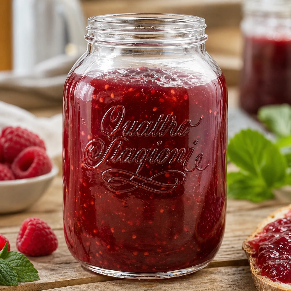 3000ml pyöreä purkki "Quattro Stagioni" QS110mm. 3000ml Quattro Stagioni kotitalouspurkki täynnä punaista hilloa tuoreiden mansikoiden vieressä puupöydällä.