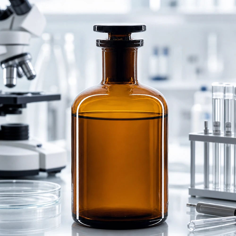 Pyöreä olkapääpullo 100ml ruskea kapeakaulainen lasitulppa Pyöreäolkapullon 100 ml, ruskea, kapeakaulainen, lasitulpalla, modernissa laboratoriossa, jossa on mikroskooppi
