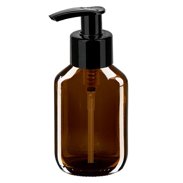 100ml lääkepullo ruskea, jossa annostelupumppu musta ApoGlas 100ml lääkepullo ruskea, jossa annostelupumppu musta ApoGlas