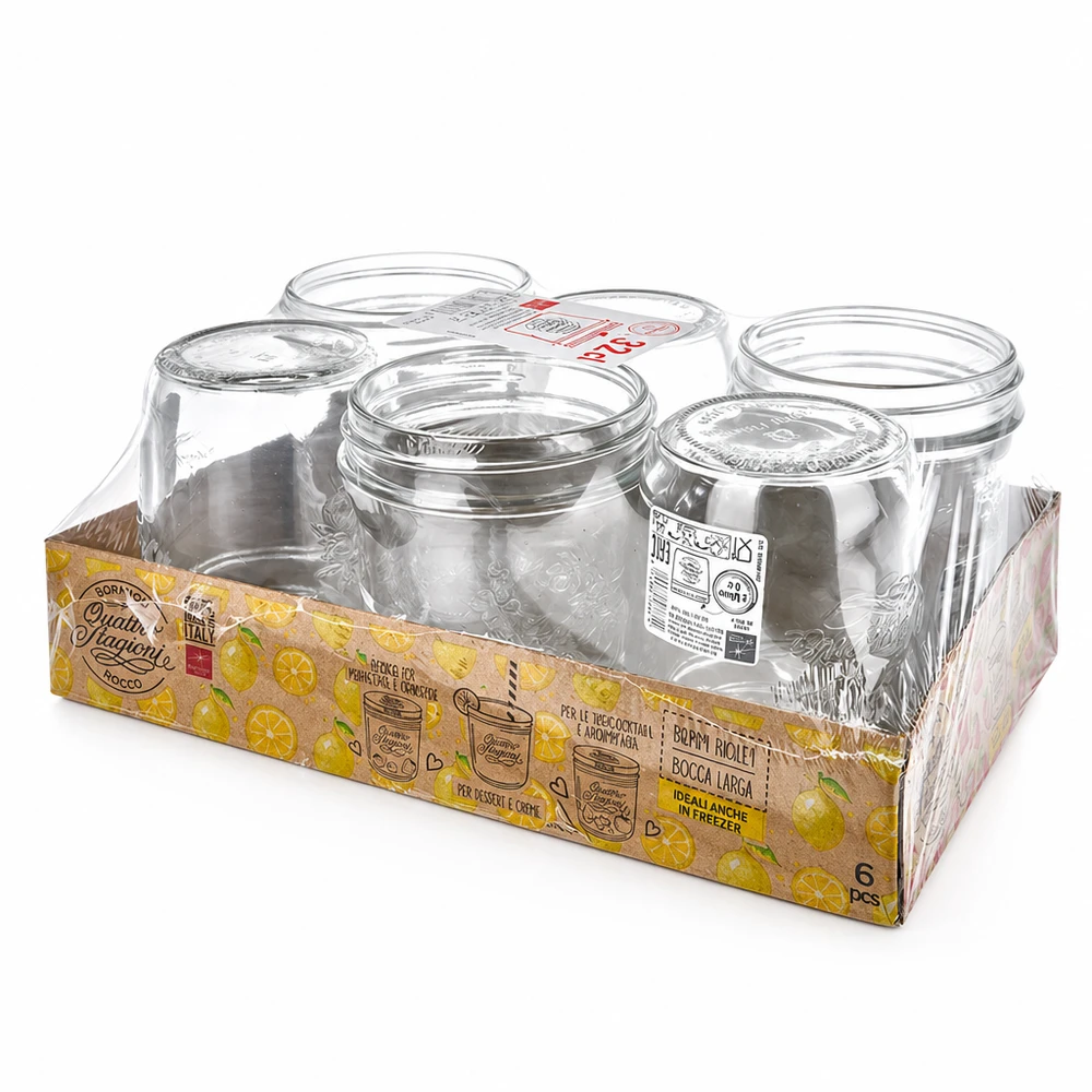 320 ml:n juomapullot "Quattro Stagioni" QS86mm 6 Quattro Stagioni -mukin 320 ml:n ruuvikannellinen setti myyntipakkauksessa säilöntään ja säilykkeisiin.