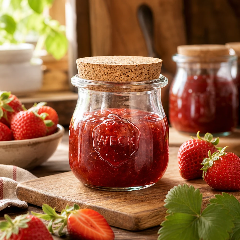 75ml tulppaanipurkki WECK RR40 korkilla luonnonmukainen WECK tulppaanipurkki 75ml korkilla, joka on täytetty mansikkahillolla puulevyllä tuoreiden mansikoiden ympäröimänä Keittiön kohtaus