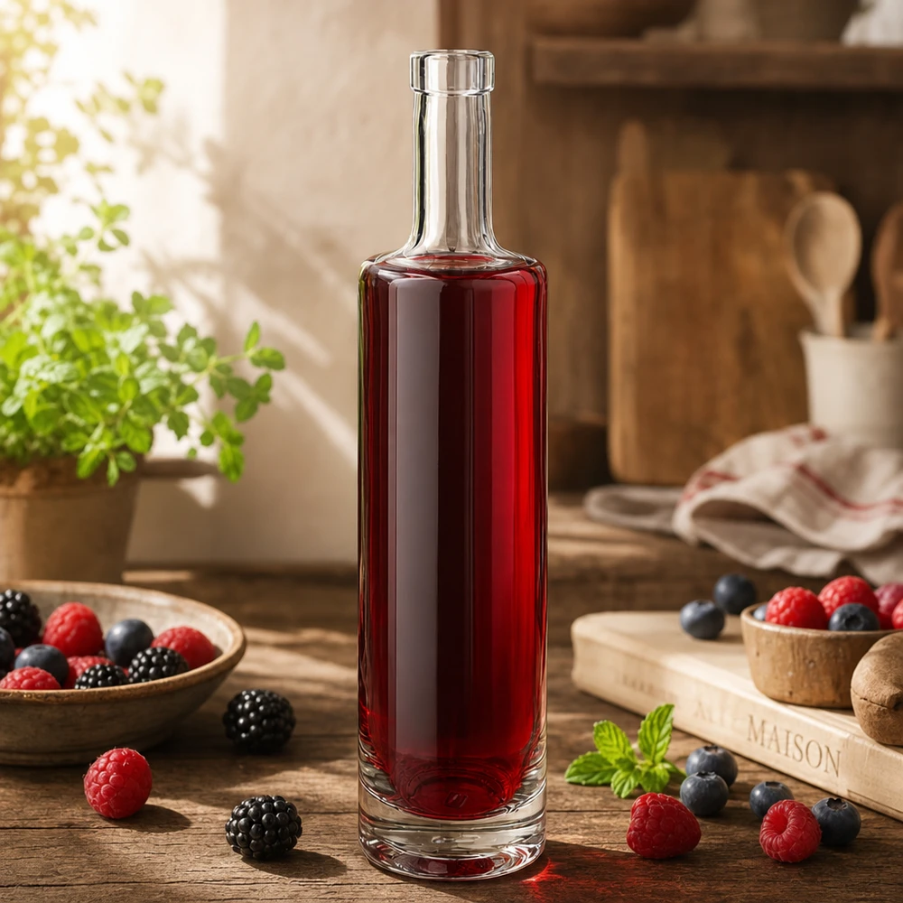 500ml Glasflasche "Centurio" ohne Verschluss UNiTWIST® 500ml Glasflasche Lina mit rotem Beerensaft in rustikaler Küche umgeben von frischen Beeren und Holzaccessoires