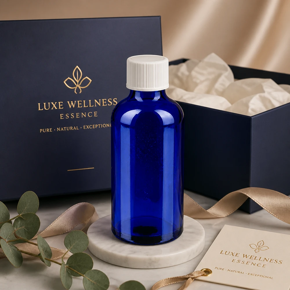 50ml pullo 11mm kierrekorkki valkoinen Standard BlueLine UT18/50 Standard BlueLine UT18/50 Elegantti 50ml apteekkipullo syvänsinisellä ja käytännöllisellä valkoisella korkilla wellness-tuotteille.