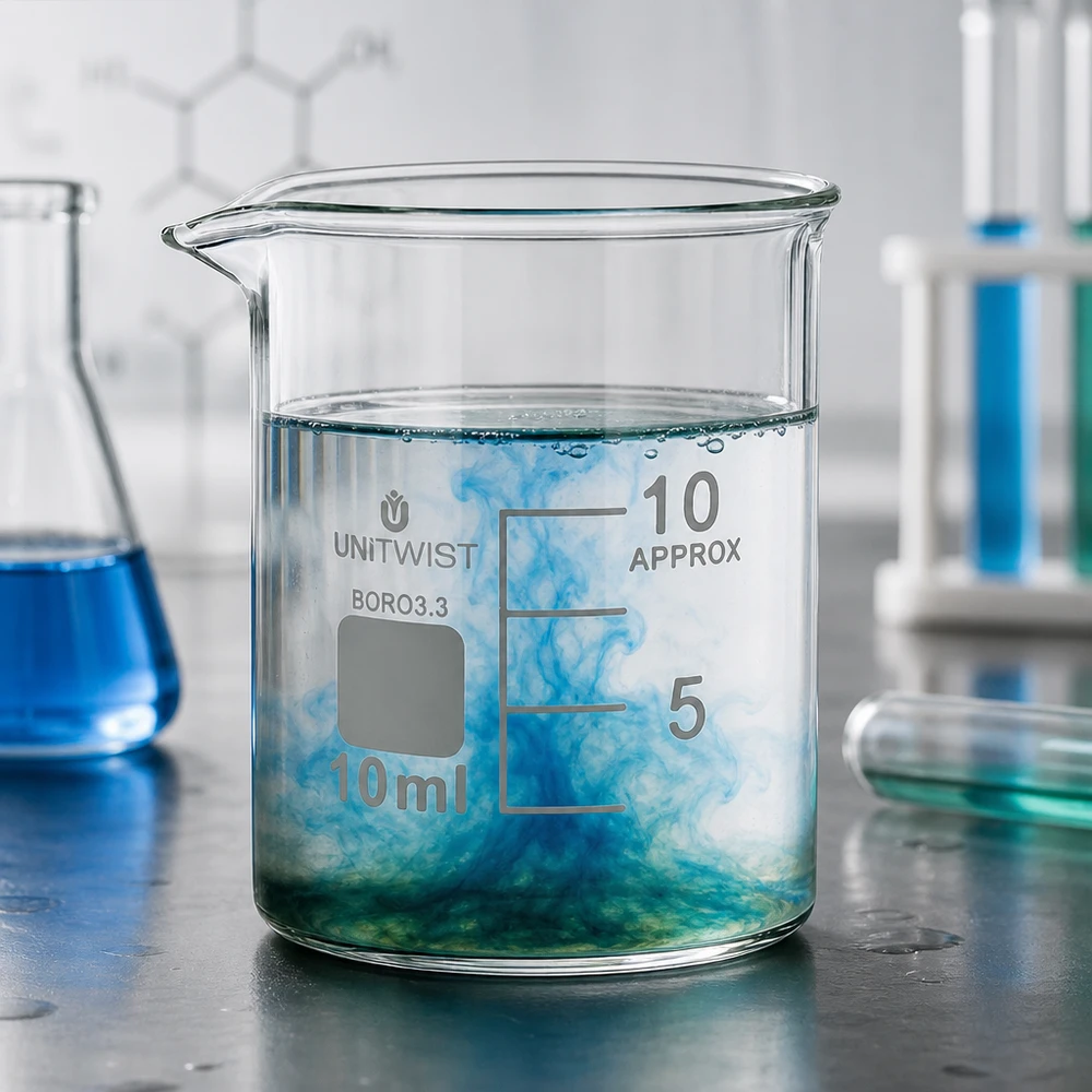 UNiTWIST-lasipullo 10 ml, borosilikaattilasia 3.3, matala malli, jossa esiintyy sinivihreä reaktio laboratoriossa
