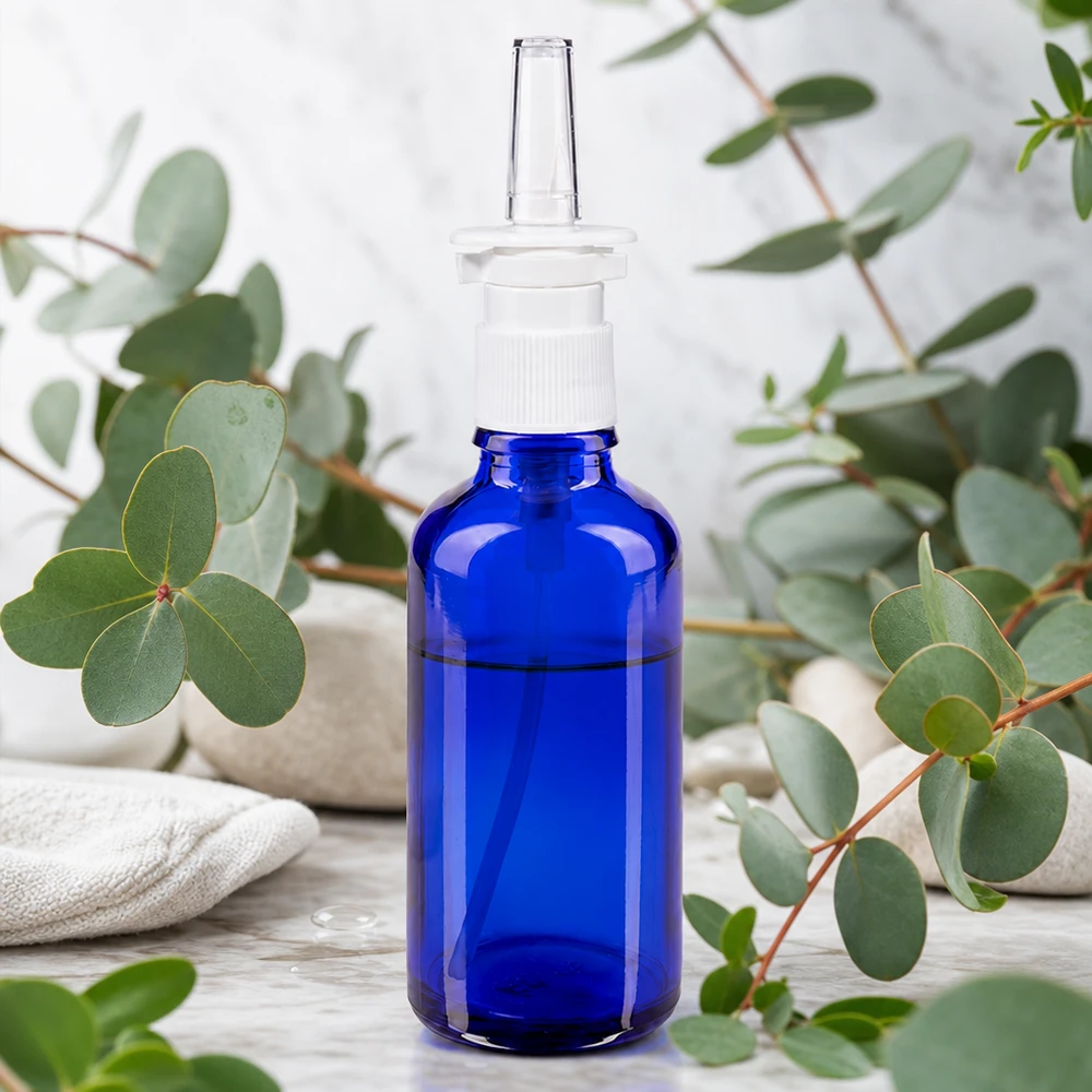 Sininen 50 ml:n nenäsumutepullo apteekkilasista, jossa on eukalyptuskoriste spa-tunnelmassa