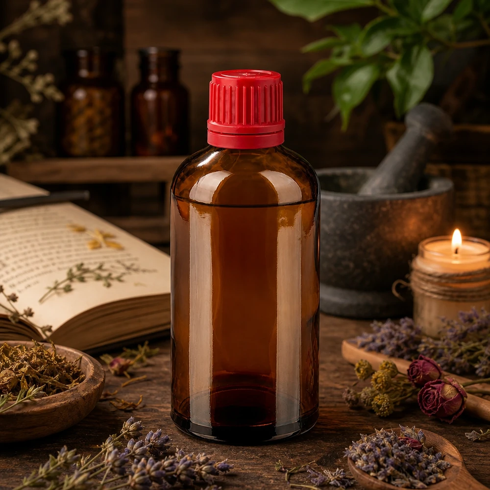 100ml meripihkanvärinen lasipullo, jossa on UV-suoja ja punainen korkki valolle herkille aineille.