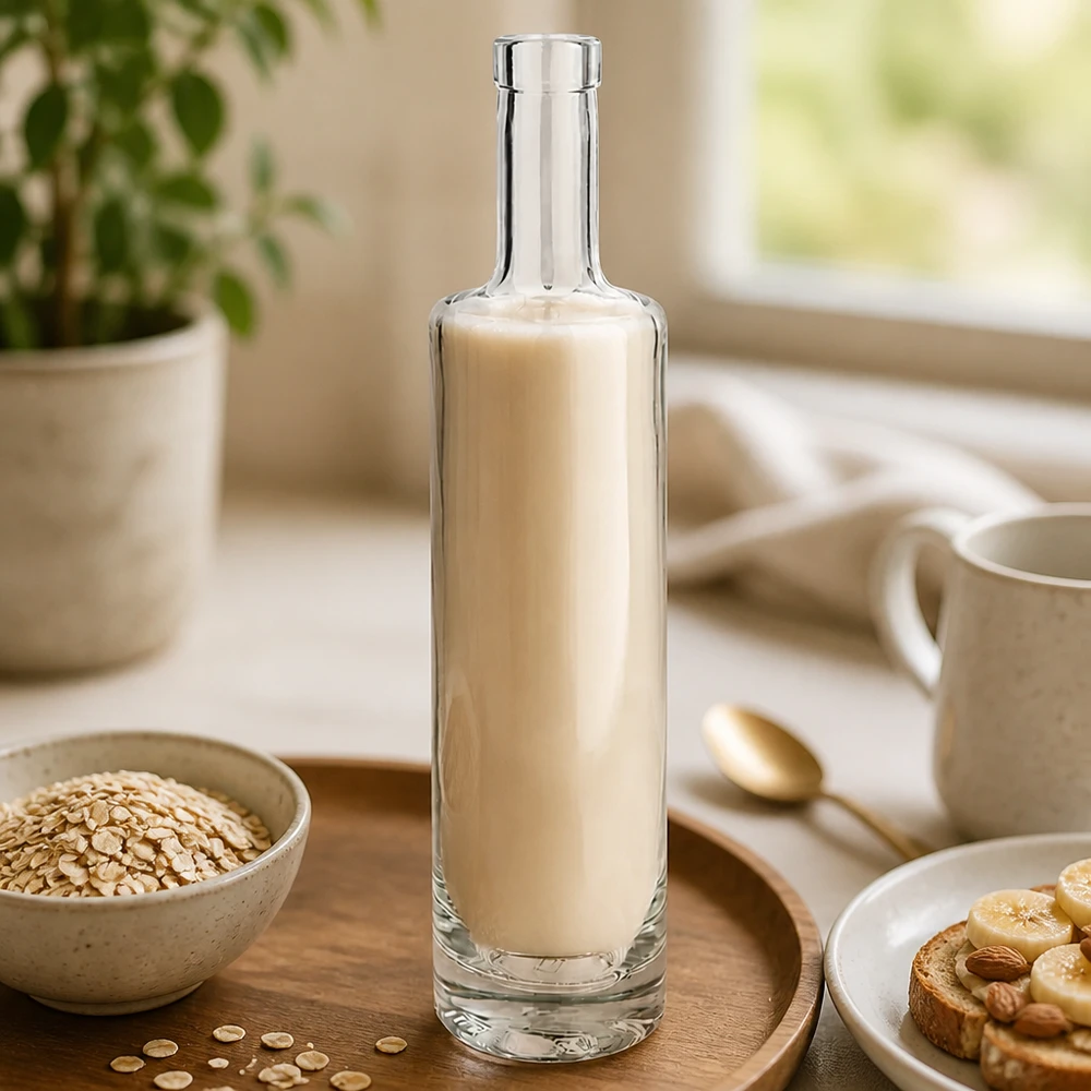 500ml Lina-lasipullo täynnä kauramaitoa tyylikkäässä keittiöympäristössä kaurahiutaleiden ja aamiaiskuvan kanssa 3