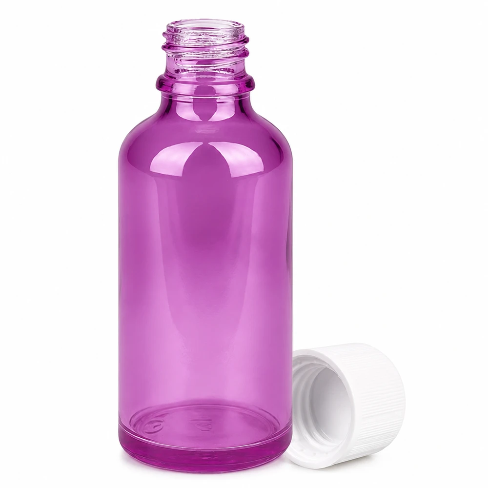 Violetti 50ml tippapullo, jossa on 11mm aukko ja lapsiturvallinen korkki eteerisille öljyille.