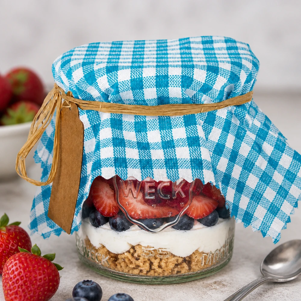 Türkis-kariertes Stoff Schmuckdeckchen auf Dessertglas mit Beeren-Schichtdessert und Raffiabast-Verschluss dekoriert