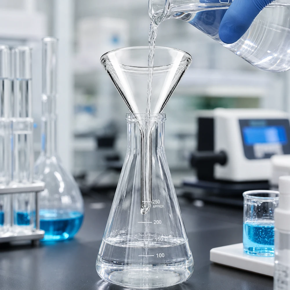 Tarkkuuslasisuppilo 45mm halkaisijaltaan 60 asteen kulmassa laboratoriotyöhön ja analyyseihin.