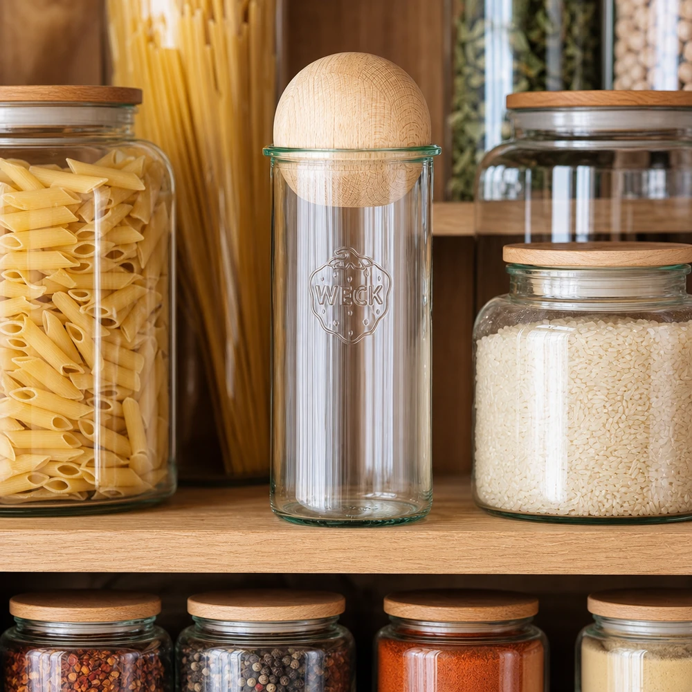 1500 ml:n juomapullot WECK RR100, jossa on puupallo pyökkiä. WECK RR100 tumblers 1500ml ruokakomerossa pastan ja riisin vieressä, pyökkipuinen pallokansi näkyvissä