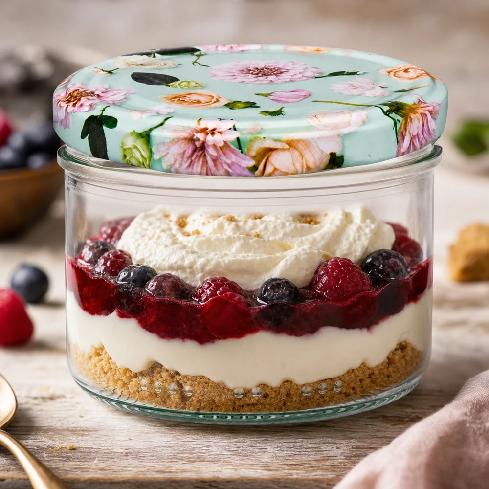 230ml sylinteripurkki + BasicSeal kansi kukka minttu 230ml Zylinderglas mit BasicSeal Deckel Blume mint für Desserts - Schichtdessert mit Beeren und Sahne im Vorratsglas