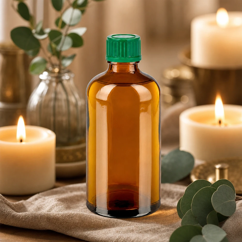 100ml pullo 11mm ruuvikorkki vihreä Standard BrownLine UT18/100 Meripihkanvärinen lasipullo 100ml vihreällä korkilla ihanteellinen eteerisille öljyille ja aromaterapialle.