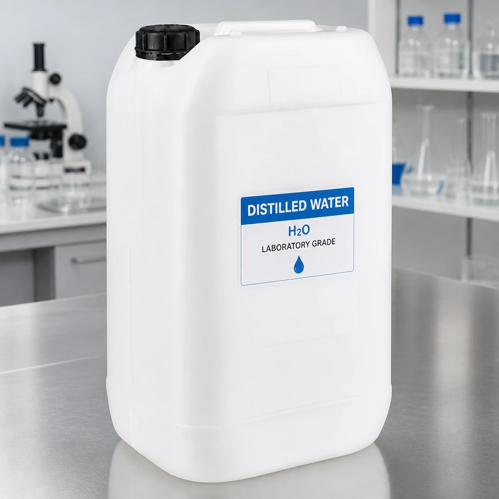 15 litran laboratori kanisteri, joka on täytetty tislatulla vedellä (H₂O), valkoisessa HDPE-astian