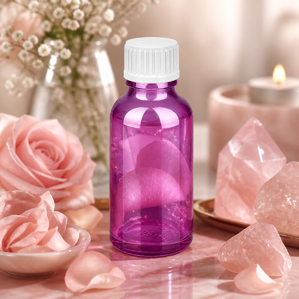 30ml (pallomainen) pullo. 3mm valutusrengas valkoinen Standard PurpleLine. UT18/30 30ml violetti lasipullo 18mm kierteellä - täydellinen hajuvesiöljyille ja esansseille.