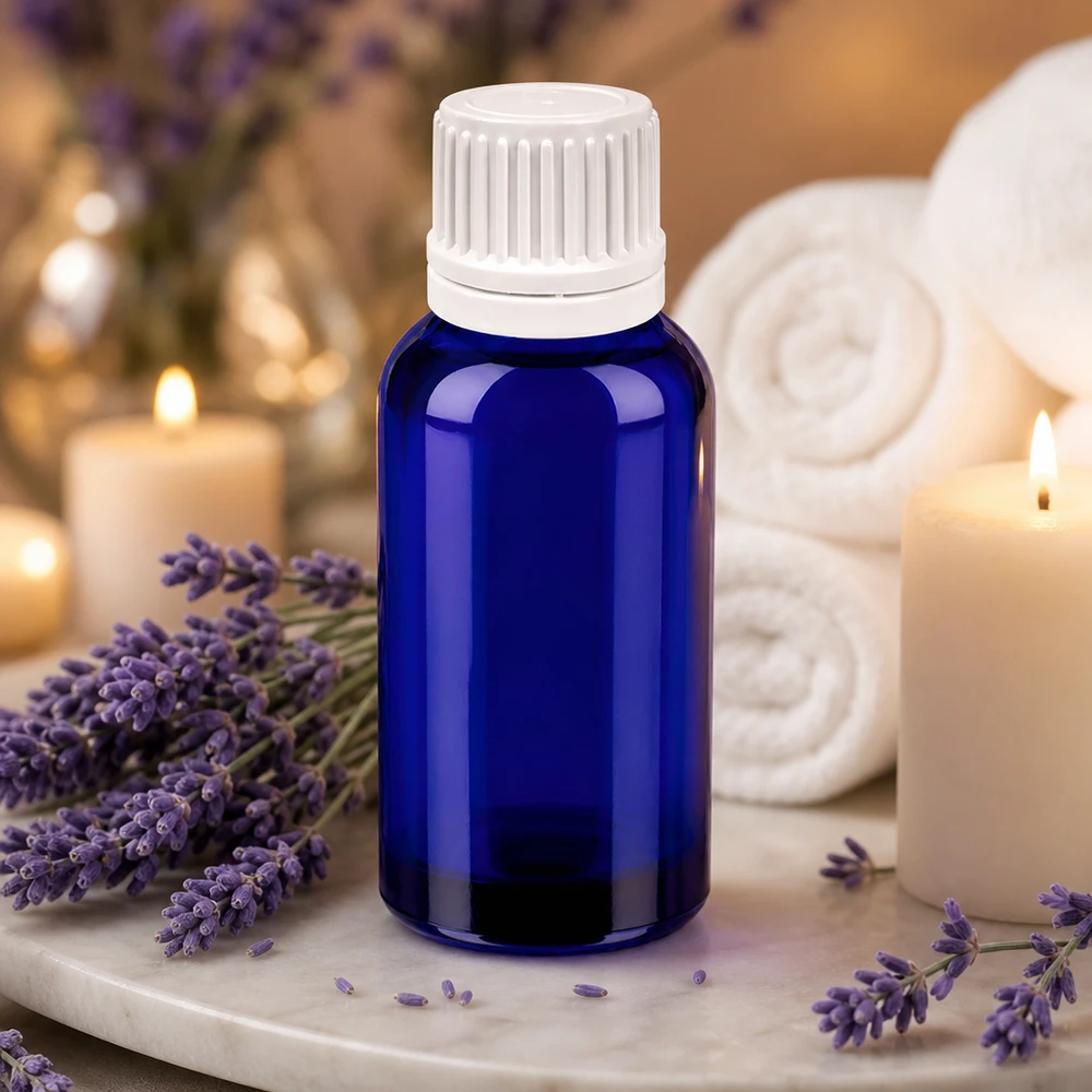Tyylikäs sininen 30ml lasipullo valkoisella korkilla ihanteellinen eteerisille öljyille ja aromaterapialle.