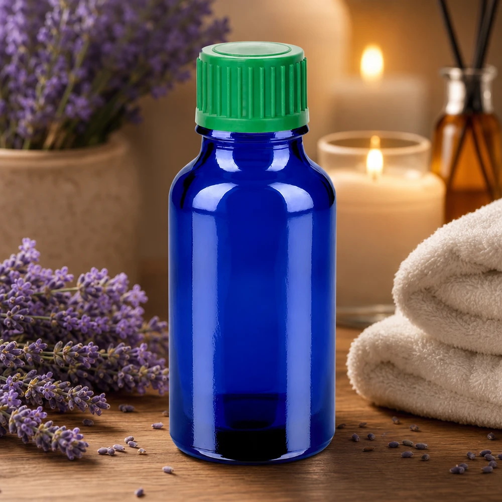 20ml lasipullo STD BlueLine UT18/20 vihreällä korkilla aromaterapiaa ja eteerisiä öljyjä varten.